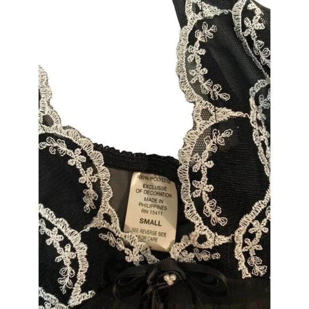 Black‎ Sheer Embroidered Bodice Open Front Teddy Slip Mini Dress Size Small